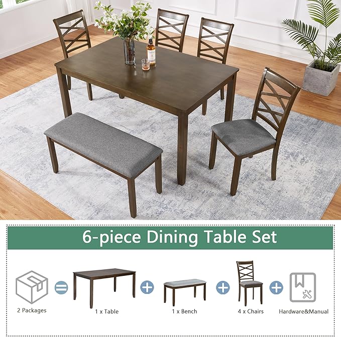 soges 6 Piece Kitchen Dining Set, Rectangular Wooden Dining Table - Image 4