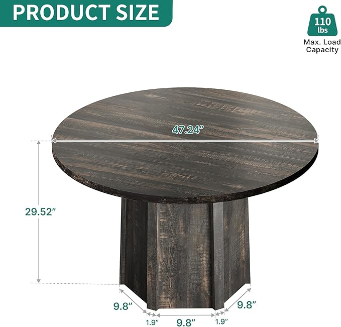 DWVO 47" Round Dining Table for 4-6 People Farmhouse Industrial Dinning Room - Image 2