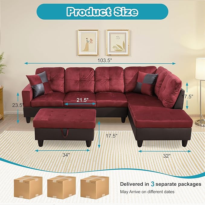 Couches for Living Room Modern L Shaped Couch Comfy Flannel Fabric 3 Pieces - Image 2