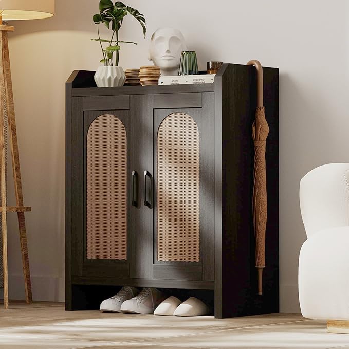 Shoe Cabinet Storage for Entryway, Natural Rattan Shoes Cupboard, Wooden Shoe by MERICONIA