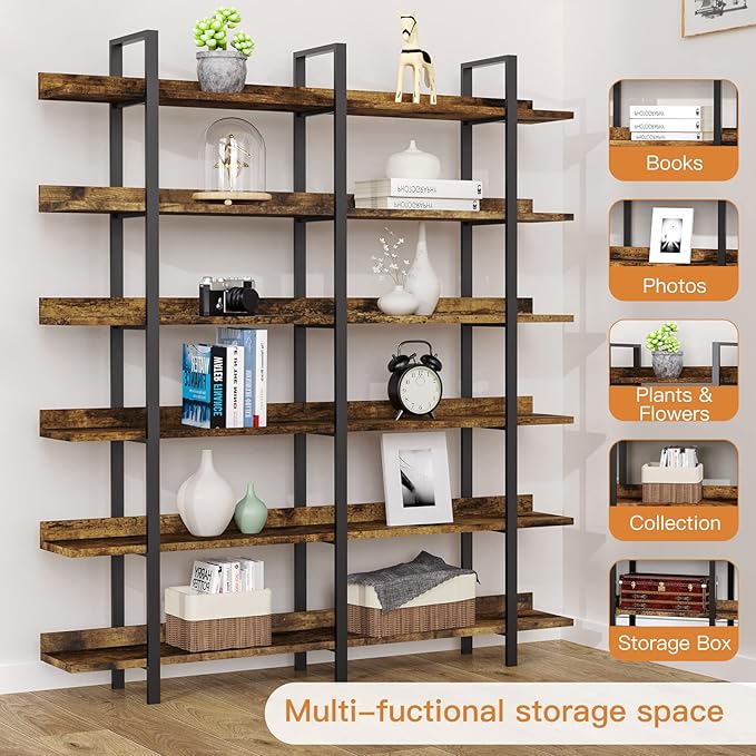 FRAPOW 83Inch Industrial Bookshelf and Bookcase, Double Wide 6 Tier Large - Image 5