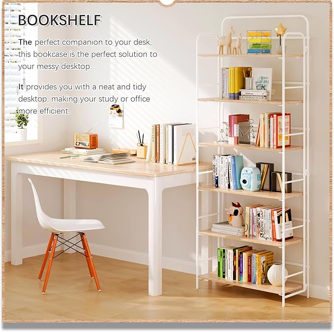 4NM No Assembly Folding Bookshelf 6 Tiers Vintage Industrial White Book Shelf - Image 3