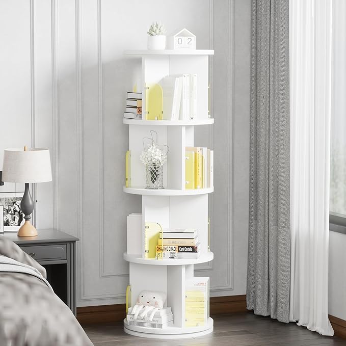 VECELO Rotating Bookshelf Tower, 360°Revolving Bookcase, Round Book Shelf - Image 3