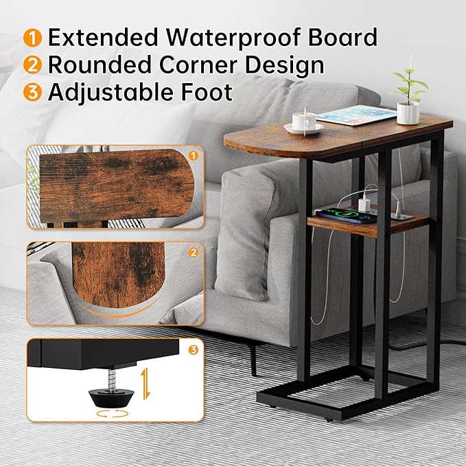 C Shaped End Table with Charging Station, Side Table - Image 7