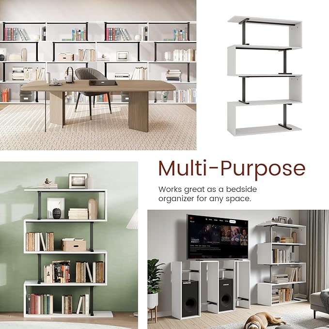 5-Tier Geometric Bookshelf, S Shaped Bookcase, 31.5" W x 58.3" H Wood - Image 5