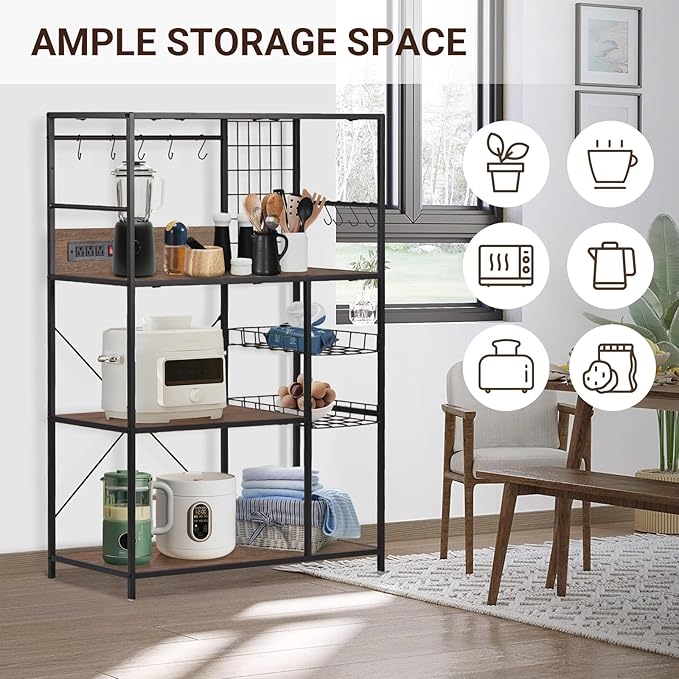 Bakers Rack with Power Outlet, Microwave Stand with Storage, Coffee Bar - Image 5