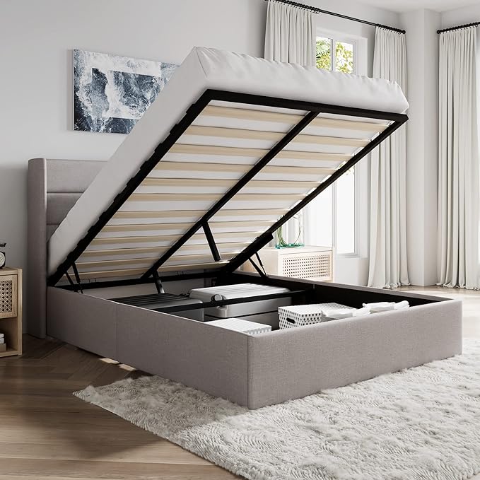 SHA CERLIN Full Size Lift Up Storage Bed/Modern Wingback Headboard/Upholstered by SHACERLIN