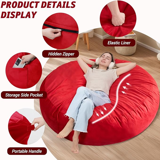 7FT Bean Bag Chair with Ultra Soft Velvet Cover Bean Bag Sofa with Memory Foam - Image 4