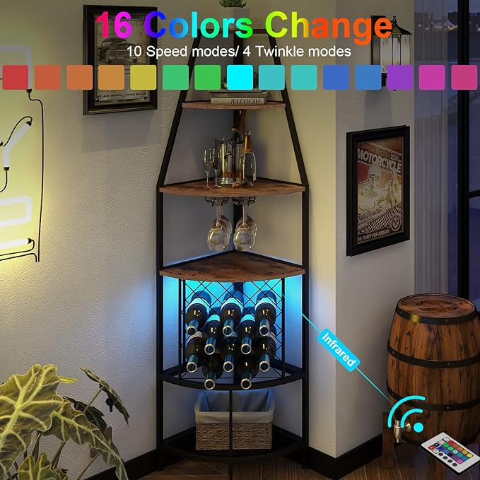5-Tier Corner Wine Rack with LED Light Floor Standing Wine Rack with Glass - Image 3