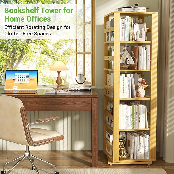 Homykic Rotating Bookshelf, Bamboo 360 Display Spinning Bookshelf Tower - Image 8
