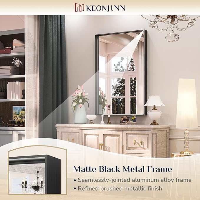 Keonjinn Black Bathroom Mirror 24 x 36 Inch Rectangular Wall Mirror Brushed - Image 6
