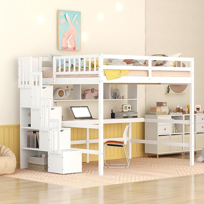 HomSof Full Size Loft Bed with Built-in Desk, Bookshelves and Storage Staircase - Image 4