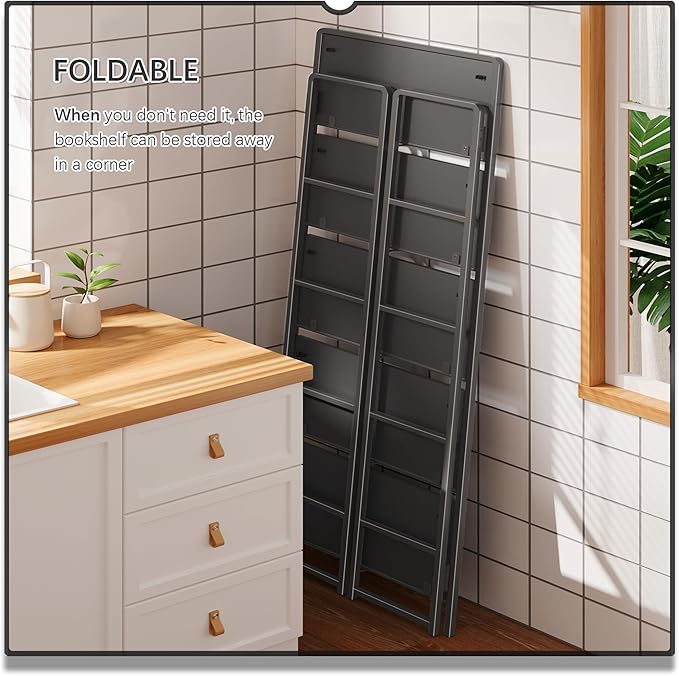 4NM No-Assembly 5 Tiers Folding Bookshelf Storage Shelves Vintage Bookcase - Image 4