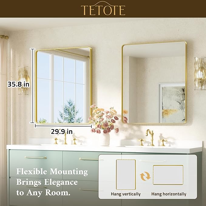 TETOTE Gold Mirrors for Wall 30 x 36 Inch Brushed Gold Bathroom Mirrors - Image 7