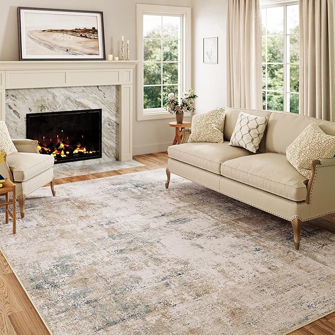 8x10 Washable Area Rug Beige Blue Neutral Abstract Living Room Bedroom Large - Image 4