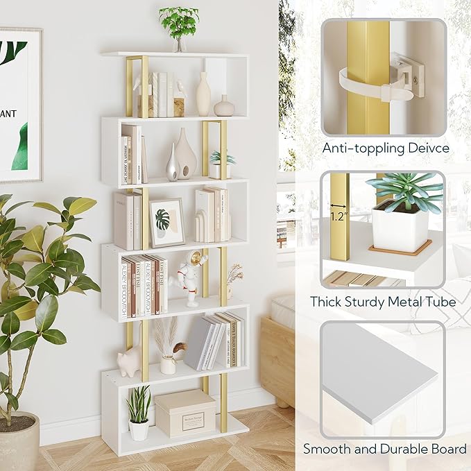 Yusong Geometric Bookcase, S Shaped Bookshelf 6-Tier Book Shelves - Image 7