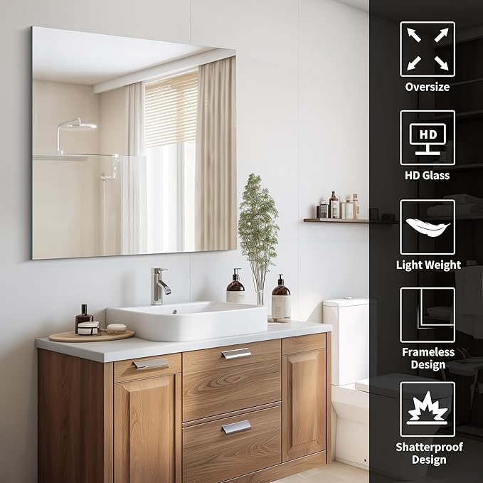 Frameless Mirror, 36x36 inch Square Bathroom Mirrors - Image 4
