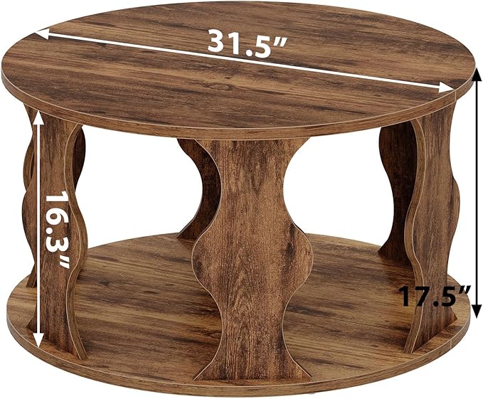 HSH Round Wood Coffee Table, Rustic Brown Circle Center Table - Image 2