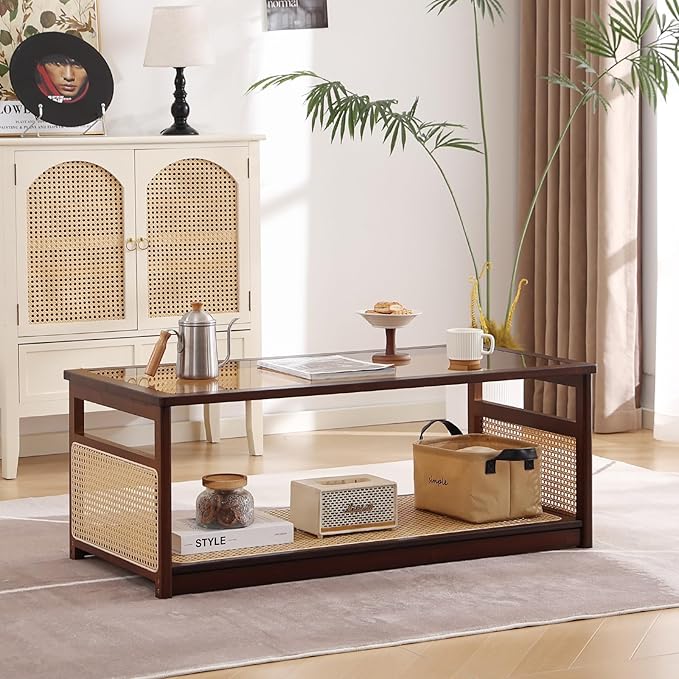 Welnow Rattan Coffee Tables for Living Room, Modern 2-Tier Coffee Table - Image 8