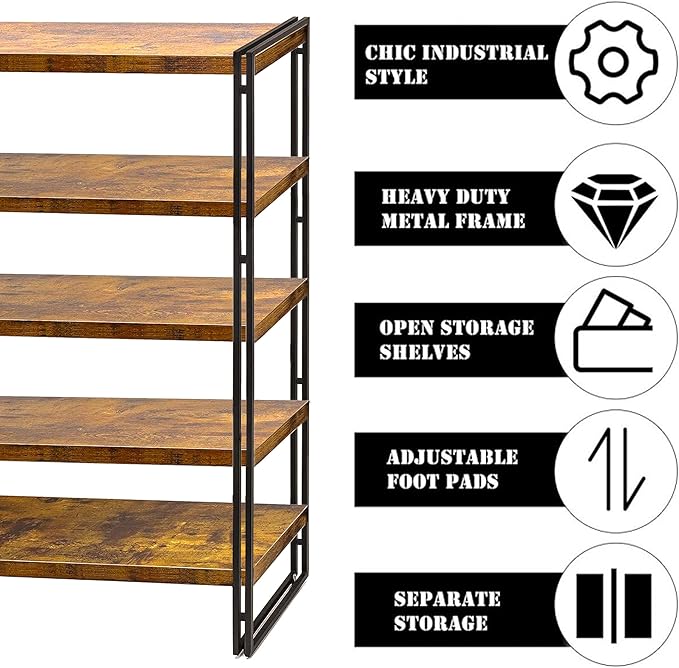 47" 5-Tier Bookshelf Rustic Wood and Metal Industrial Bookshelf - Image 3