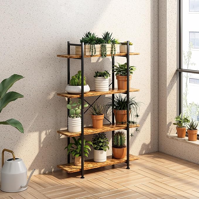 4 Tiers Bookshelf Rustic Brown Wooden Storage Shelf, Industrial Shelf Book - Image 8