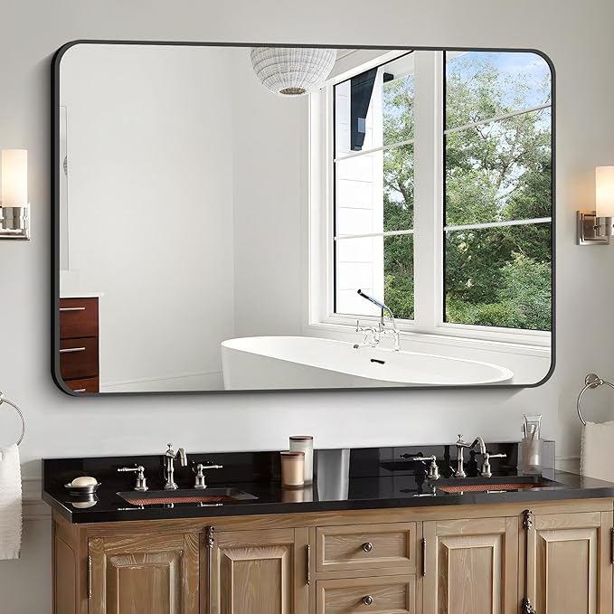 Bathroom Mirror, 48x36 inch Black Rectangle Wall Mirror, Metal Frame Rounded by WelcometoCIVENO