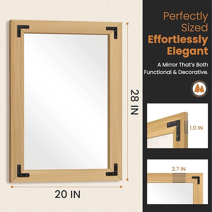 Bathroom Mirror for Wall with Wooden Frame, Vertical or Horizontal Hanging - Image 5