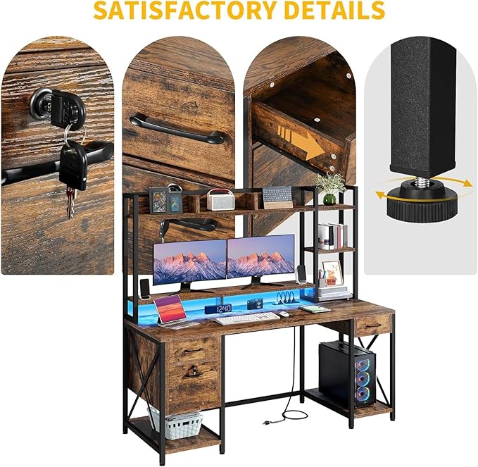 DWVO Computer Desk with Drawers & Hutch, 59.1" Office Desk with Power Outlets & - Image 7