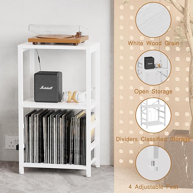 End Table with LED Light, Record Player Stand with Albums Storage, Vinyl - Image 7