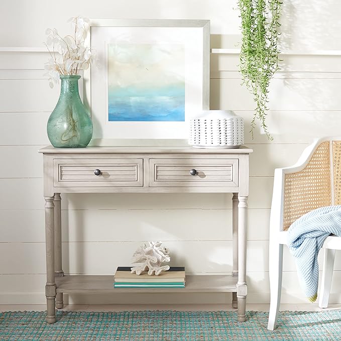 Safavieh Home Collection Tate Greige 2-Drawer Bottom Shelf Console Table by SAFAVIEH