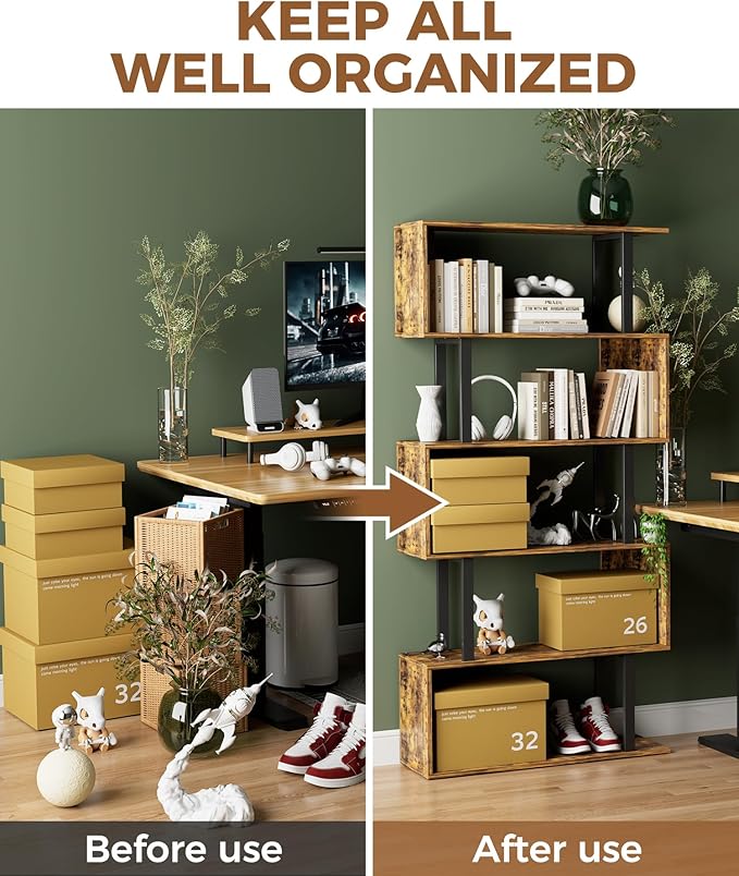 Gadroad 5-Tier Geometric Bookcase, S Shaped Bookshelf, Wood Decorative Storage - Image 7