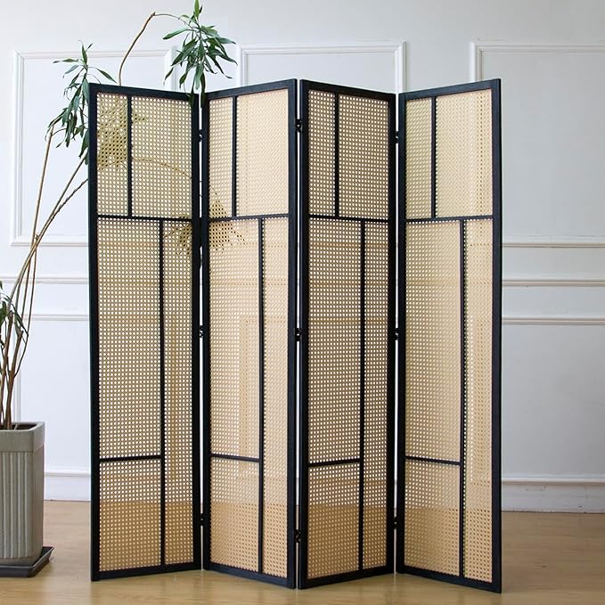 4 Panel Room Divider Screen and Folding Panel Screen, Double Sided Rattan - Image 2