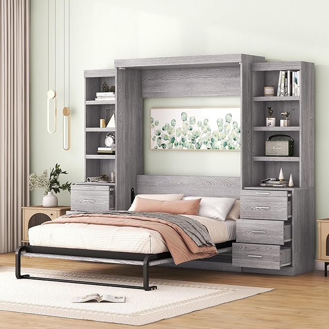 Full Size Murphy Bed with Storage Shelves and Drawers, Easy Fold Wood Wall Bed - Image 3