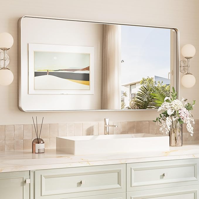 TokeShimi 48x24 Brushed Nickel Bathroom Wall Mirror Vanity Metal Frame Round by RefinedBathroomAccessories
