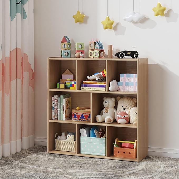 3-Tier Montessori Solid Wood Shelves Toy Organizers and Storage, 8-Compartment by ERUGI
