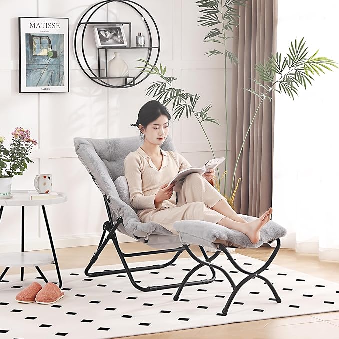 Comfy Saucer Chair with Ottoman, Oversized Folding Faux Fur Chair Soft Furry - Image 5