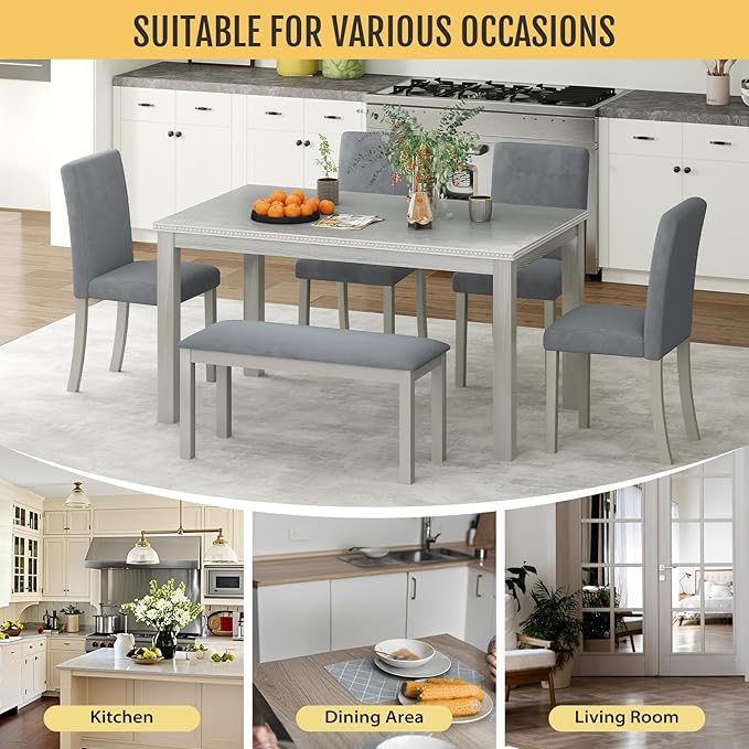 6-Piece Solid Wood Dining Table Set, Including 1 Dining Table, 4 Upholstered - Image 6