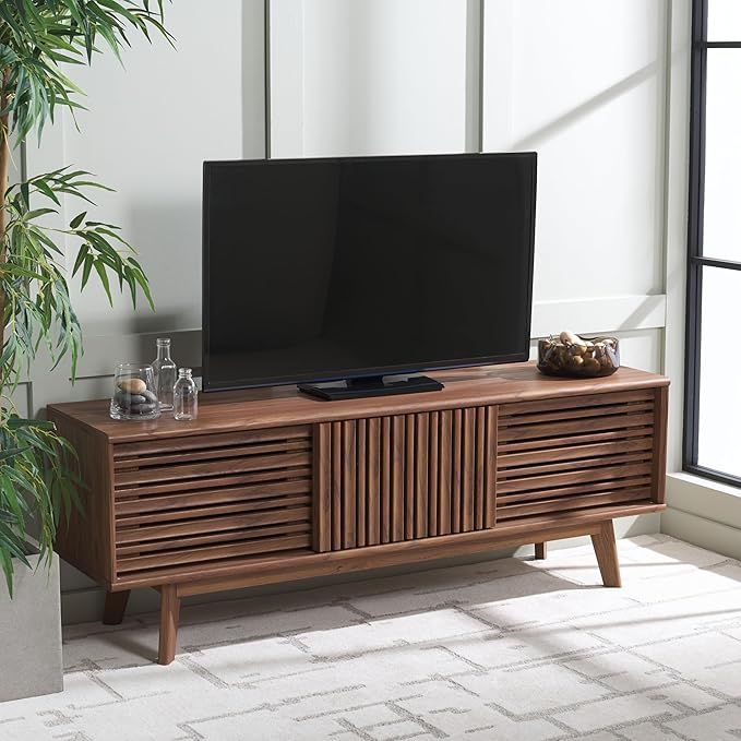 SAFAVIEH ESMA TV Stand for up to 65" Flatscreen – Walnut Brown, Sliding Doors by SAFAVIEH