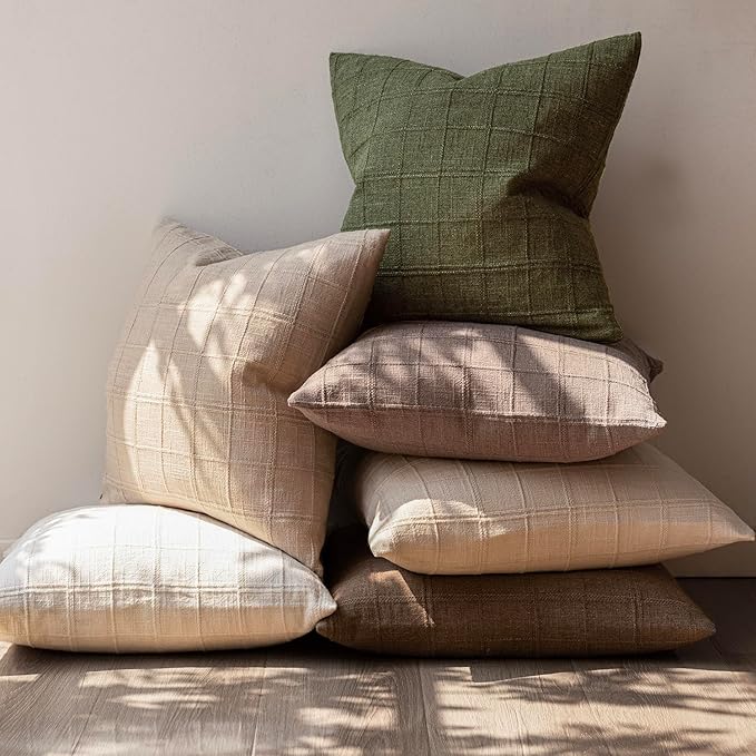 Foindtower Set of 2 Decorative Linen Check Throw Pillow Covers Neutral - Image 6