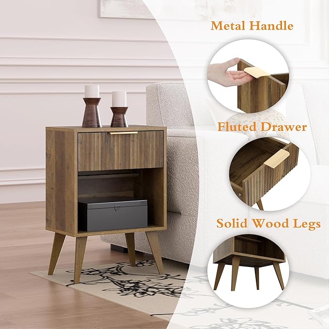 Fluted Night Stand with Opening Storage, Mid Century Bedside Table with Drawer - Image 6