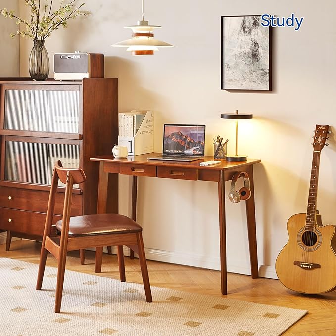 Wood Writing Desk with Drawer and Hanging Rod, Small Computer Desk Table - Image 2