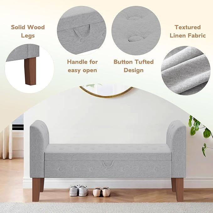 Awonde Armed Storage Bench for Bedroom Entryway Living Room Upholstered Tufted - Image 7