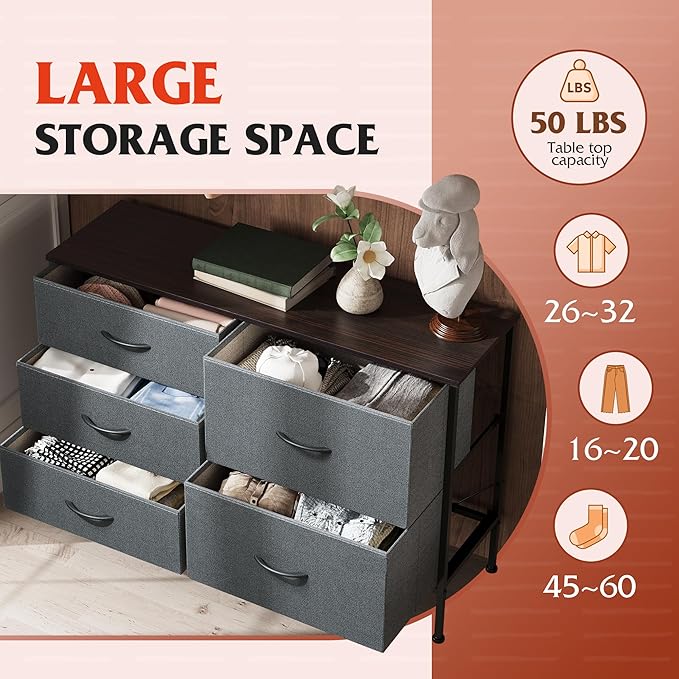 WLIVE Dresser for Bedroom with 5 Drawers, Wide Bedroom Dresser with Drawer - Image 4