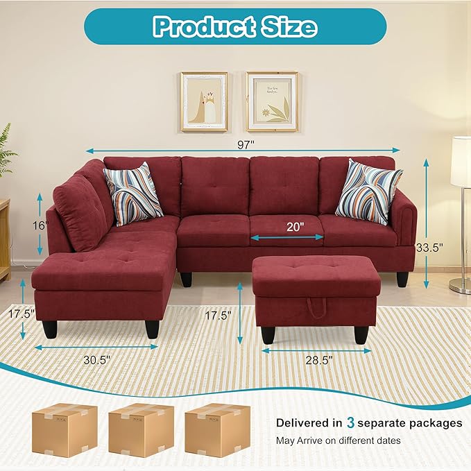 L Shaped Couch Modern Sectional Couch Upholstered Fluffy Fabric 3 Pieces Sofas - Image 2