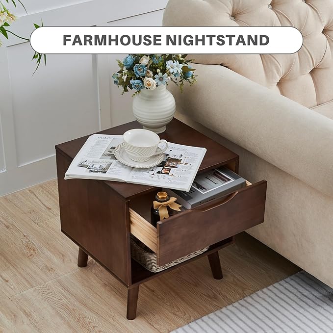 Uniclinens Nightstand with Drawer and Opening Storage, Modern Solid Rubberwood - Image 6