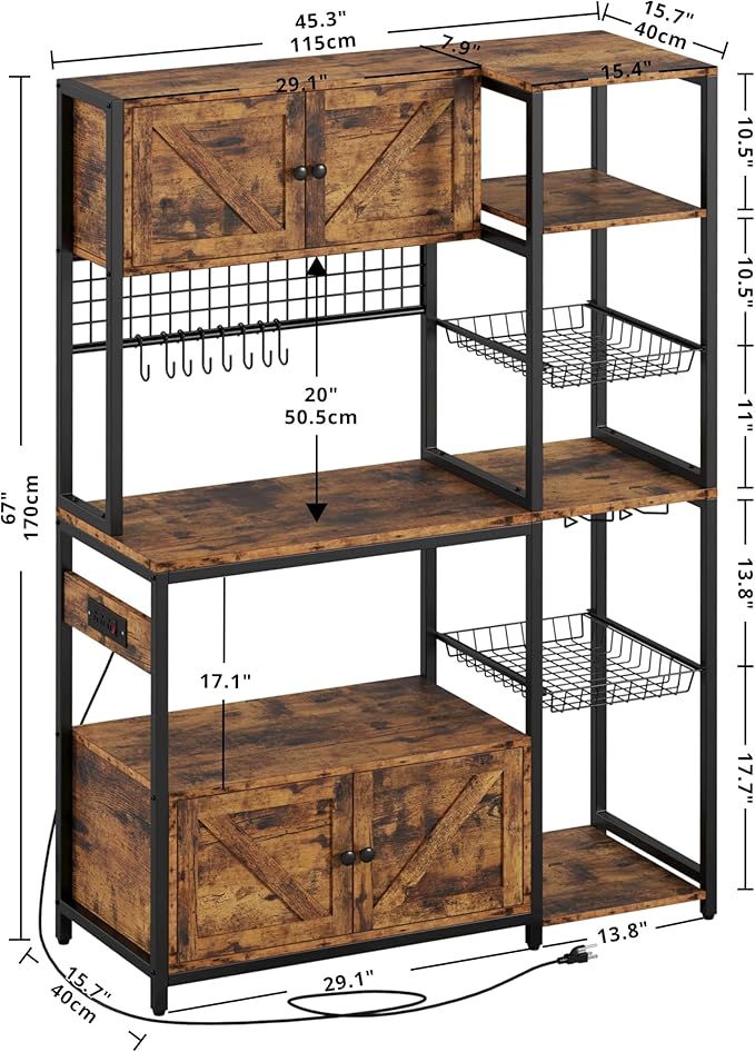 IRONCK Bakers Rack with 2 Storage Cabinets and Power Outlet, 45.3 Inch - Image 2