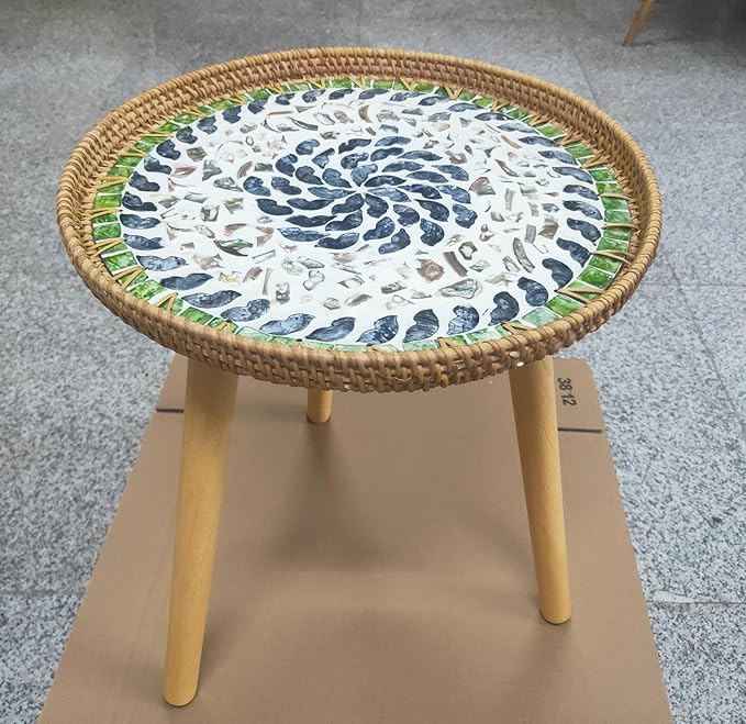 Round Rattan Side Table, Handmade Rattan Tray by LANYANZI