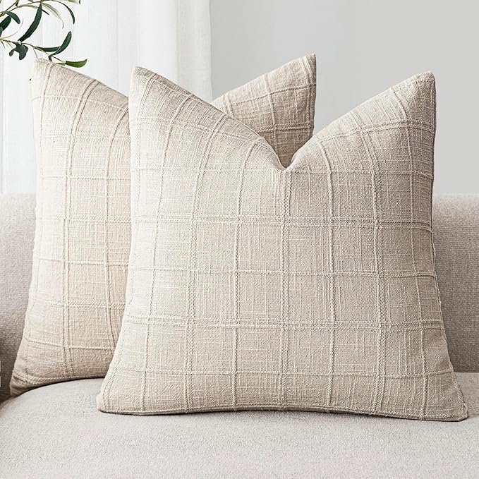 Foindtower Set of 2 Decorative Linen Check Throw Pillow Covers Neutral by Foindtower