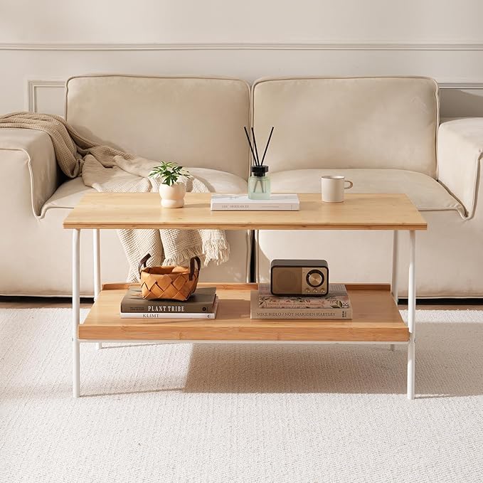 Coffee Table with 2 Tier Storage- Farmhouse Bamboo Coffee Tables, Mid Century - Image 8
