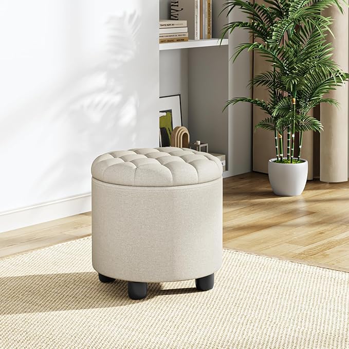 Furniliving Modern Round Storage Ottoman, Button Tufted Ottoman Foot Stools - Image 5